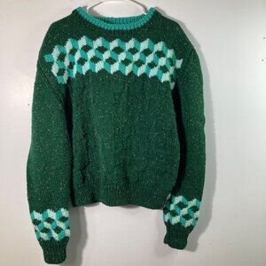 HandMade Knit Crew Neck Sweater Chunky Cube Pattern Green Multicolored Size L/XL